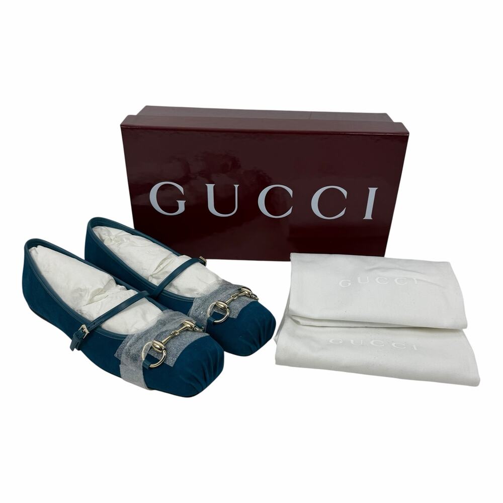 Gucci Kid Scamosciato Horsebit Mary Jane Flats Deep Acqua Size 38 - Picture 14 of 15